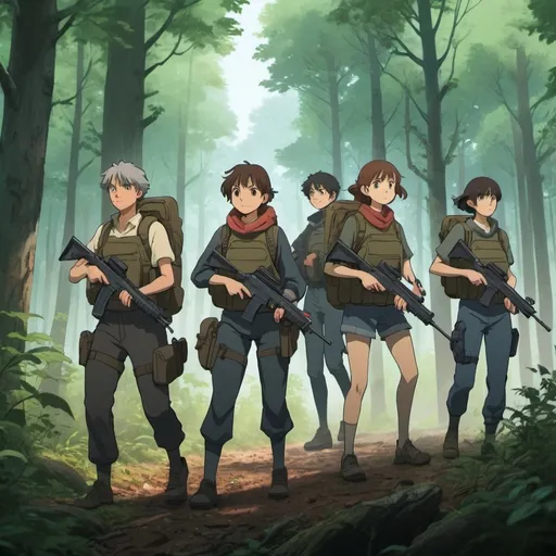 Prompt: Ghibli 2D anime style. A squad of men and women armed with assault rifles in a woods.