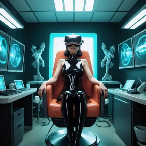 Prompt: Ghibli 2D anime style. A woman wearing a latex bodysuit sits in a dentists chair with VR headset on. Room with many servers and computers. Dark room with neon lighting.