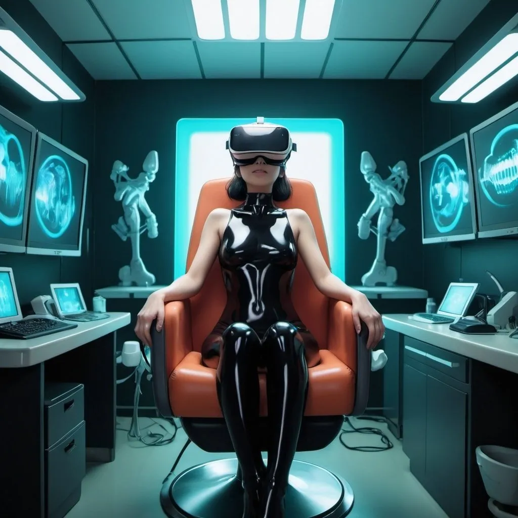 Prompt: Ghibli 2D anime style. A woman wearing a latex bodysuit sits in a dentists chair with VR headset on. Room with many servers and computers. Dark room with neon lighting.