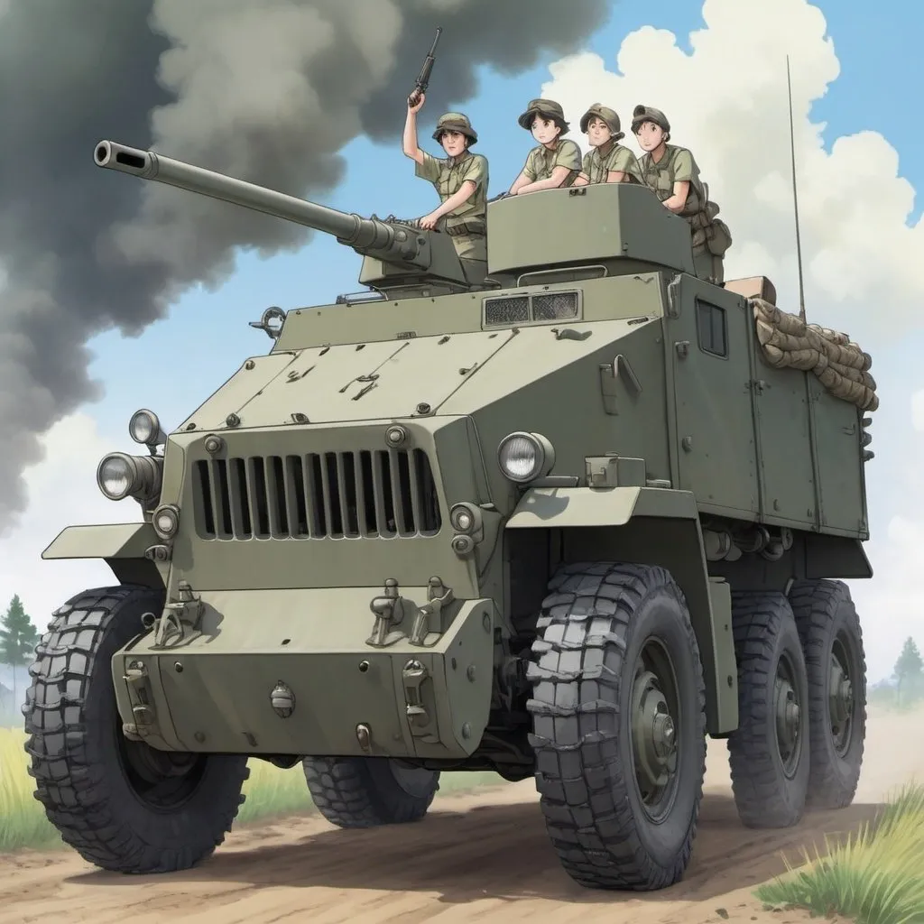 Prompt: Ghibli 2D anime style. A M16 halftrack being crewed by 3 resistance fighters.