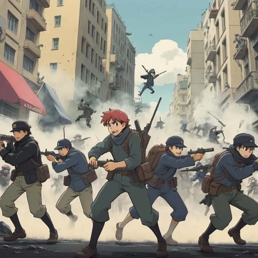 Prompt: Ghibli 2D anime style. A squad of Anarcho-Capitalist militia attacking enemies in a city.