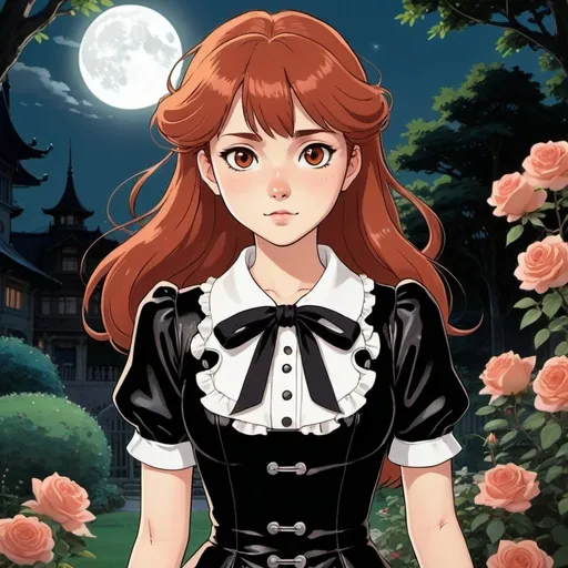 Prompt: Studio Ghibli 2D anime style. Create a portrait of a young kitsune female named Jane, aged 19. She has long crimson/auburn hair styled with bangs, deep brown eyes, a thin, somewhat athletic build. She is dressed in a 1950's style leather dress that is stylish and youthful, with shorter sleeves and a higher skirt cut. The dress is black and tailored to fit her slim figure perfectly, giving her a sophisticated yet playful look. The background is a moonlit rose garden at an opulent mansion. Studio Ghibli 2D anime style.

