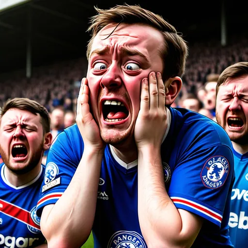 Prompt: A cartoon Glasgow Rangers fan crying comically.