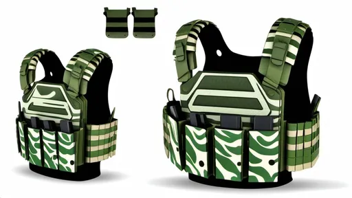 Prompt: Ghibli 2D anime style. A chest plate carrier with magazine pouches in a green tiger stripe camo pattern.