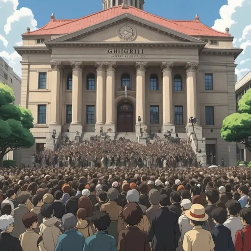 Prompt: Ghibli 2D anime style. A massive riot outside a courthouse. 