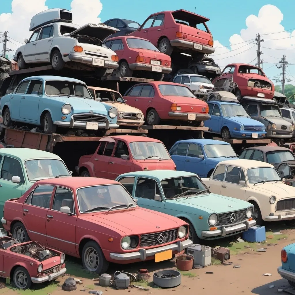 Prompt: Ghibli 2D anime style. A scrap yard with many old cars and home appliances.