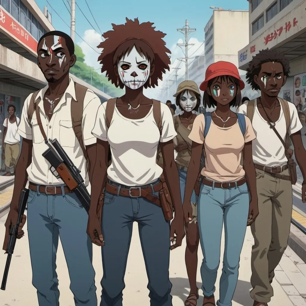 Prompt: Ghibli 2D anime style. A group of Haitian men and women. all wear voodoo face paint. Armed with a variety of firearms and machetes'. Daytime outside of a subway station. 