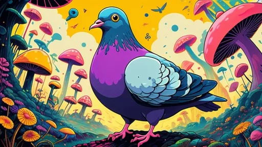 Prompt: Ghibli 2D anime style. A pigeon that is guiding you through an acid trip. psychedelic. magic mushrooms. yellow submarine.