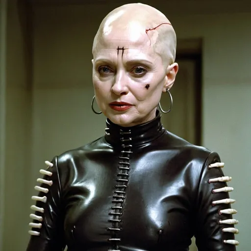 Prompt: Bald Hilary Clinton A female cenobite from Hellraiser. She wears a heavy rubber dress with gloves and boots. She has many incisions, hooks and pins in her albino skin.