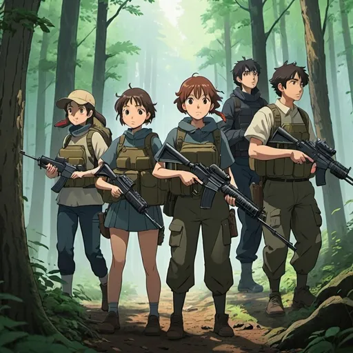 Prompt: Ghibli 2D anime style. A squad of men and women armed with assault rifles in a woods.