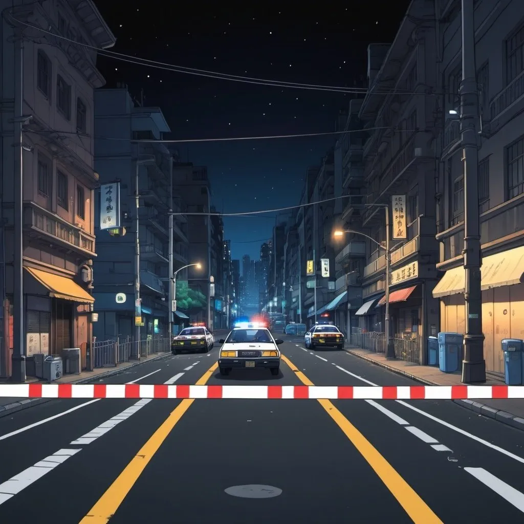 Prompt: Ghibli 2D anime style. A crime scene in a large city, police cars, barrier tape, chalk outline. Nighttime illuminated by street lights and police car lights. 