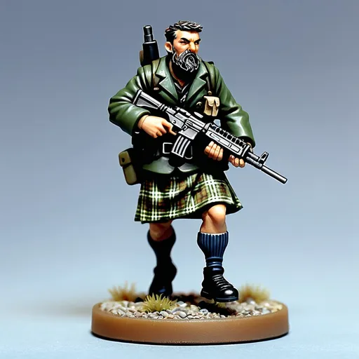 Prompt: Style 28mm table top gaming miniature. A man wearing a Blackwatch tartan kilt and camo clothing armed with an assault rifle.