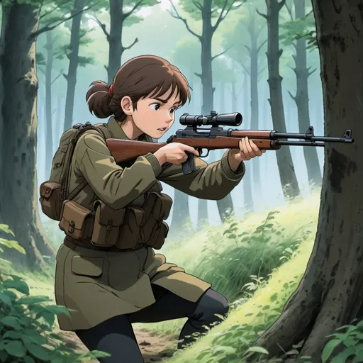 Prompt: Ghibli 2D anime style. A militia woman firing her SKS at an unseen target.