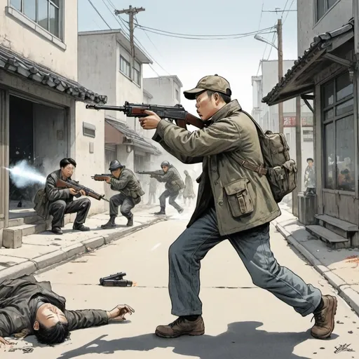 Prompt: Kim Jung Gi style illustration. Puritan militiaman shooting Uzi in the street.