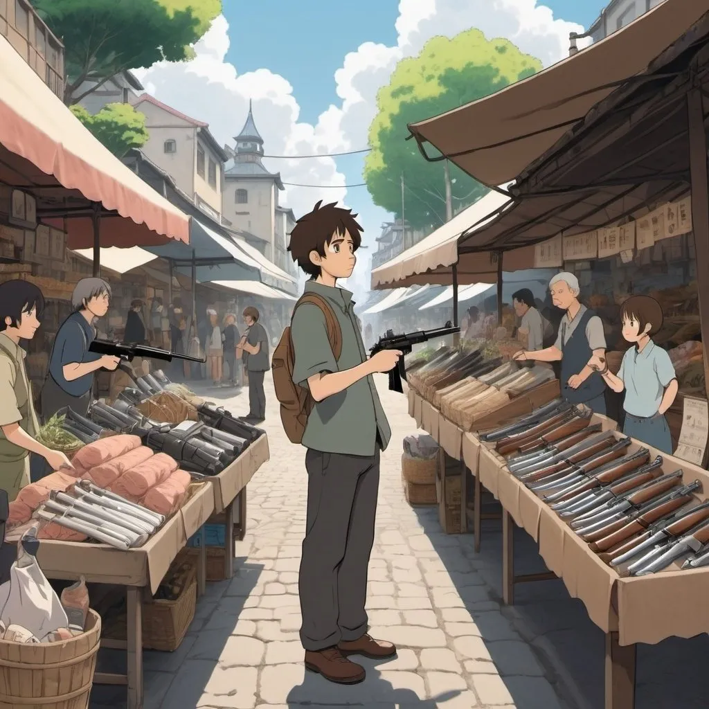 Prompt: Ghibli 2D anime style. A man selling firearms and weapons in an open air market. Daytime 