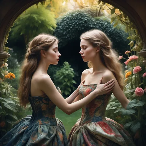 Prompt: Around us, other women and guests were entwined in similar moments of passion and abandon, some in groups, others in pairs, blending into the surreal tapestry of the garden. In my altered state, everything felt pure, almost magical, as though I’d stepped into a different world where nothing could touch us.