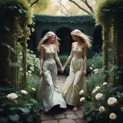 Prompt: Around us, other women and guests were entwined in similar moments of passion and abandon, some in groups, others in pairs, blending into the surreal tapestry of the garden. In my altered state, everything felt pure, almost magical, as though I’d stepped into a different world where nothing could touch us.