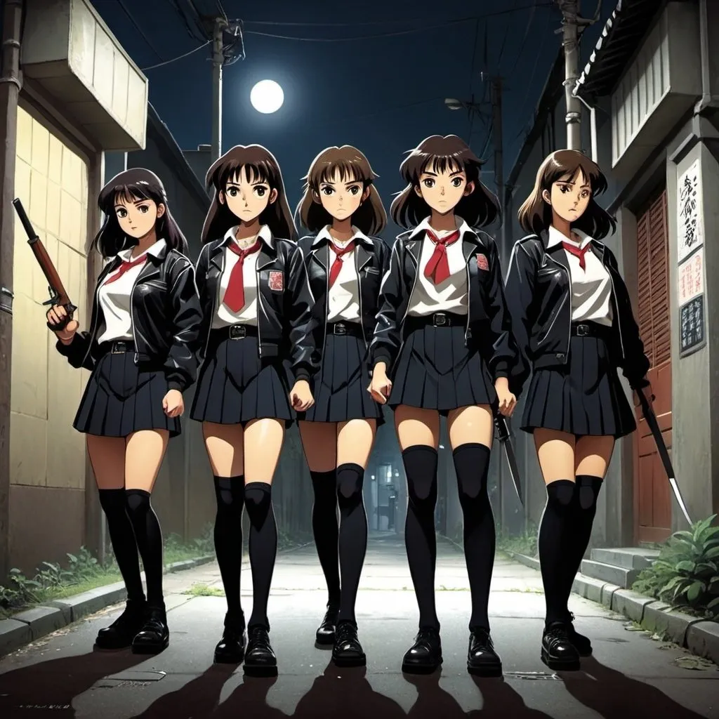 Prompt: Ghibli 2D anime style. A group of Japanese Sukeban. all wear identical attire including leather jacket and school uniform with over the knee socks. Armed with a variety of melee weapons. Nighttime in an alley.   