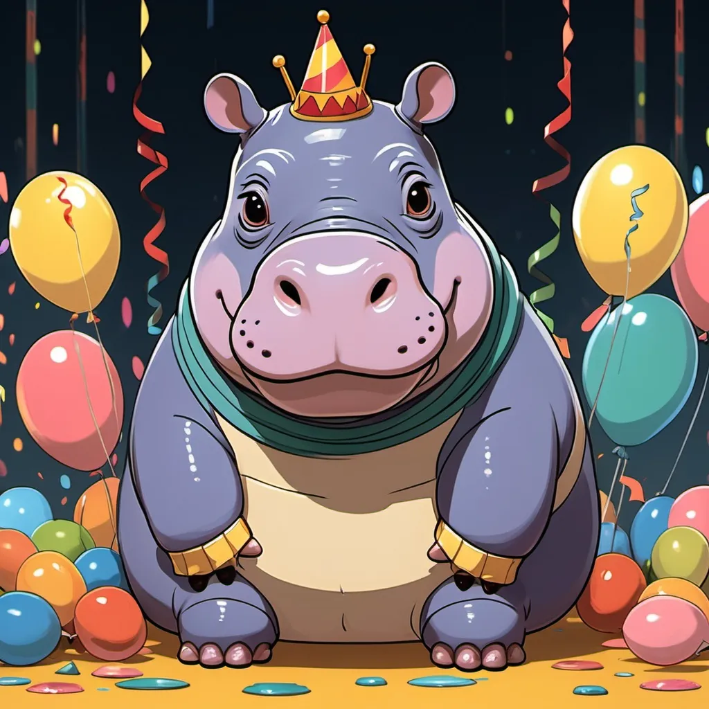 Prompt: Ghibli 2D anime style. A party hippo.