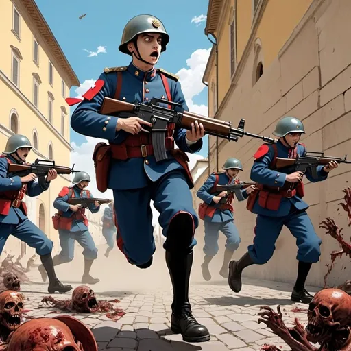 Prompt: Ghibli 2D anime style. A Swiss Guardsman armed with an assault rifle fighting off zombies at the Vatican.