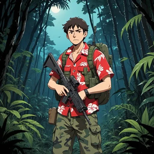 Prompt: Ghibli 2D anime style. A man wearing a red Hawaiian shirt and camo clothing armed with an assault rifle. Nighttime in a jungle