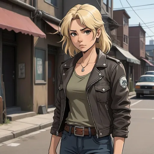 Prompt: Studio Ghibli 2D anime style. Create a full-body portrait of Riley, a character in her mid-30s. She is depicted as a rugged yet stylish woman with tousled blonde hair and confident posture. She is wearing a leather jacket over a casual t-shirt, paired with dark jeans and combat boots. Riley's expression should be focused and determined, suggesting her role as a skilled driver in a dystopian setting. Her surroundings are urban and slightly worn-down, reflecting the gritty environment she navigates daily. Include subtle details like a few discreet tattoos on her visible arms and a keychain attached to her belt, hinting at her adventurous personality.
