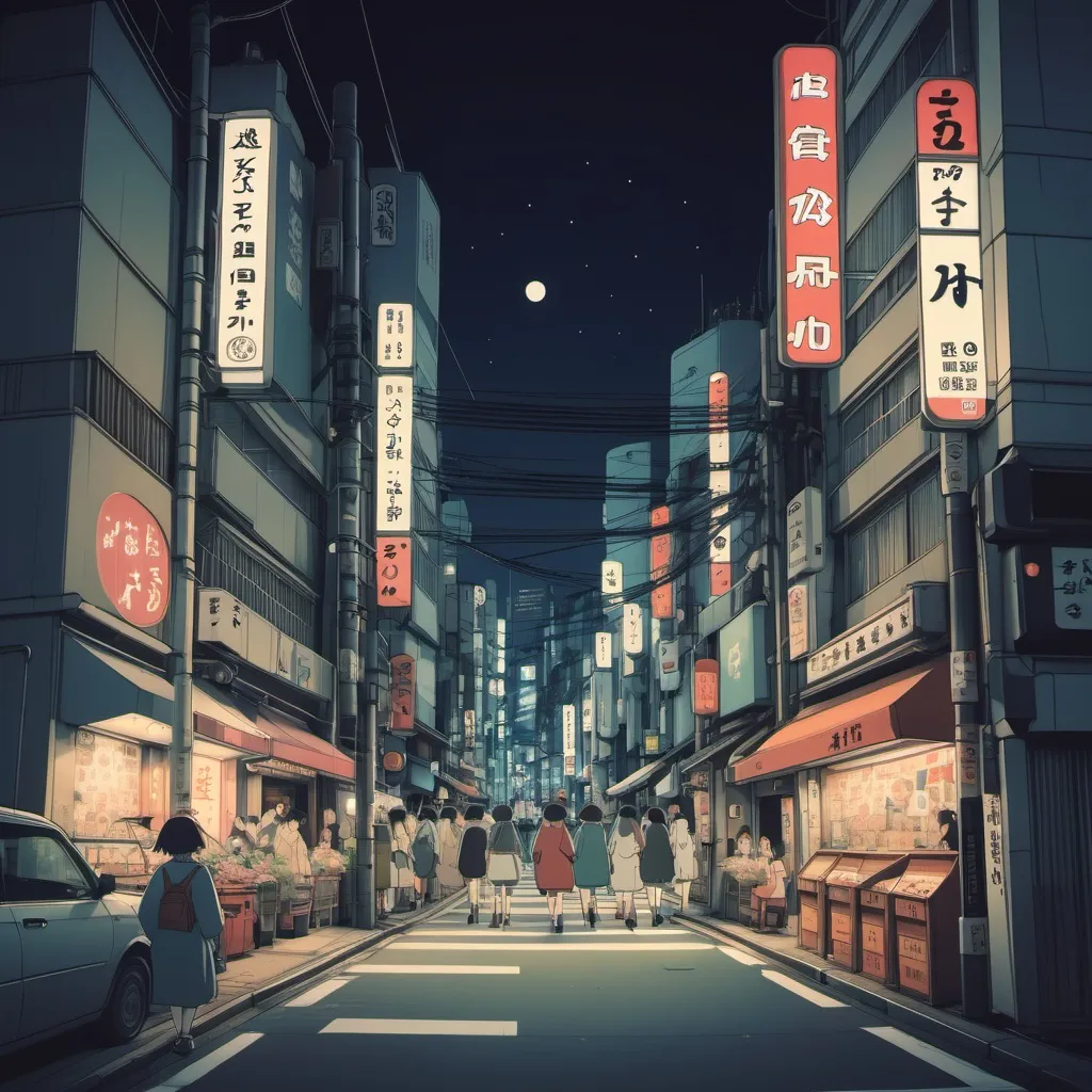 Prompt: Ghibli 2D anime style. Shibuya at night.