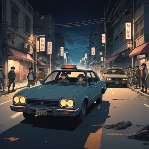 Prompt: Ghibli 2D anime style. A gang shootout in a large city, bullet ridden cars, barriers, civilians running for cover. Nighttime illuminated by street lights and muzzle flashes. 