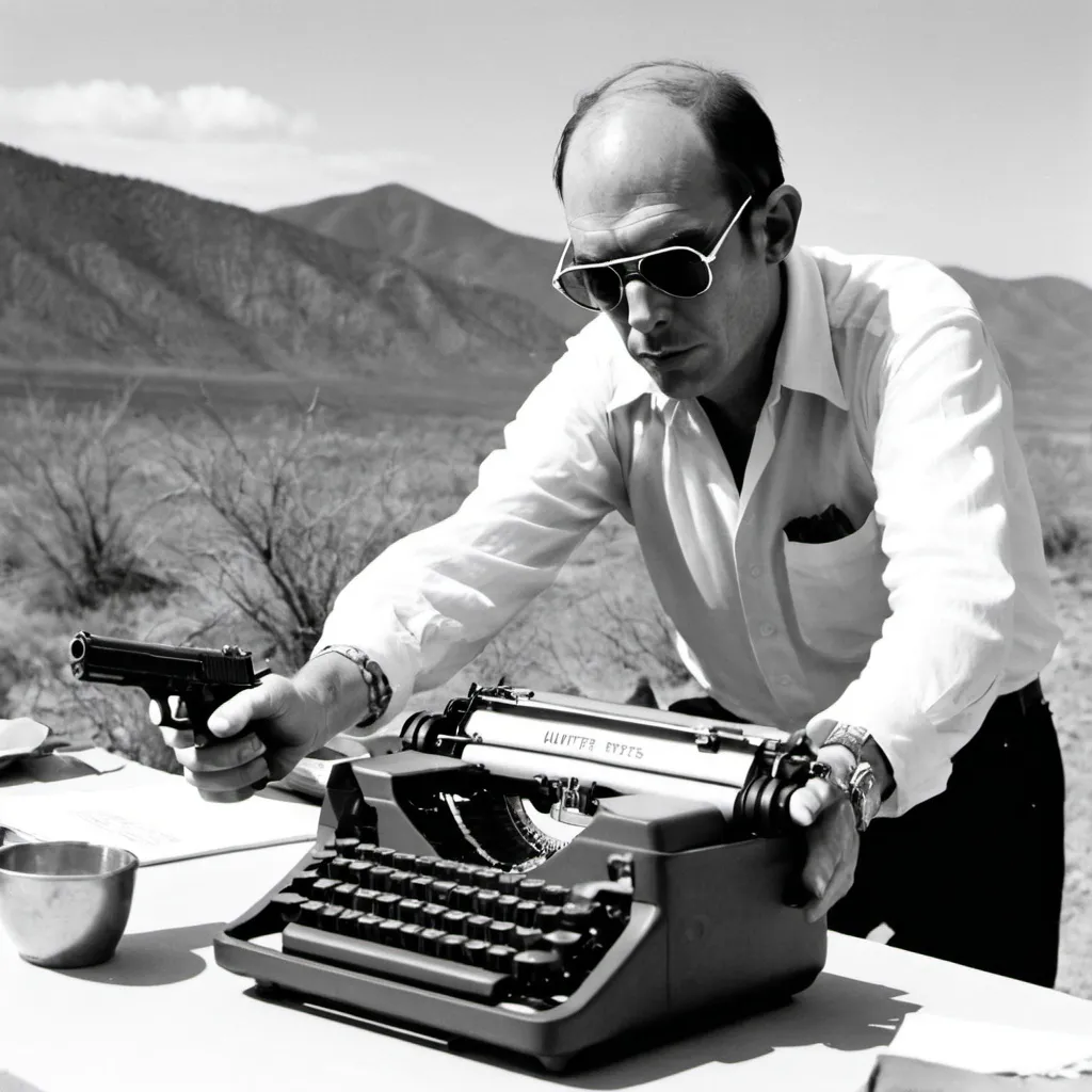 Prompt: Hunter S. Thompson shooting a typewriter with a handgun.