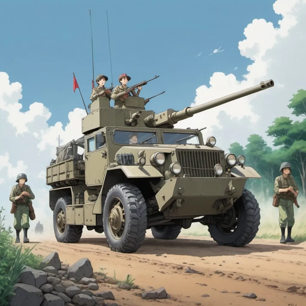 Prompt: Ghibli 2D anime style. A M16 halftrack being crewed by 3 resistance fighters.