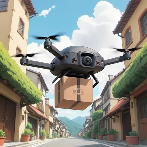 Prompt: Ghibli 2D anime style. A package delivery drone