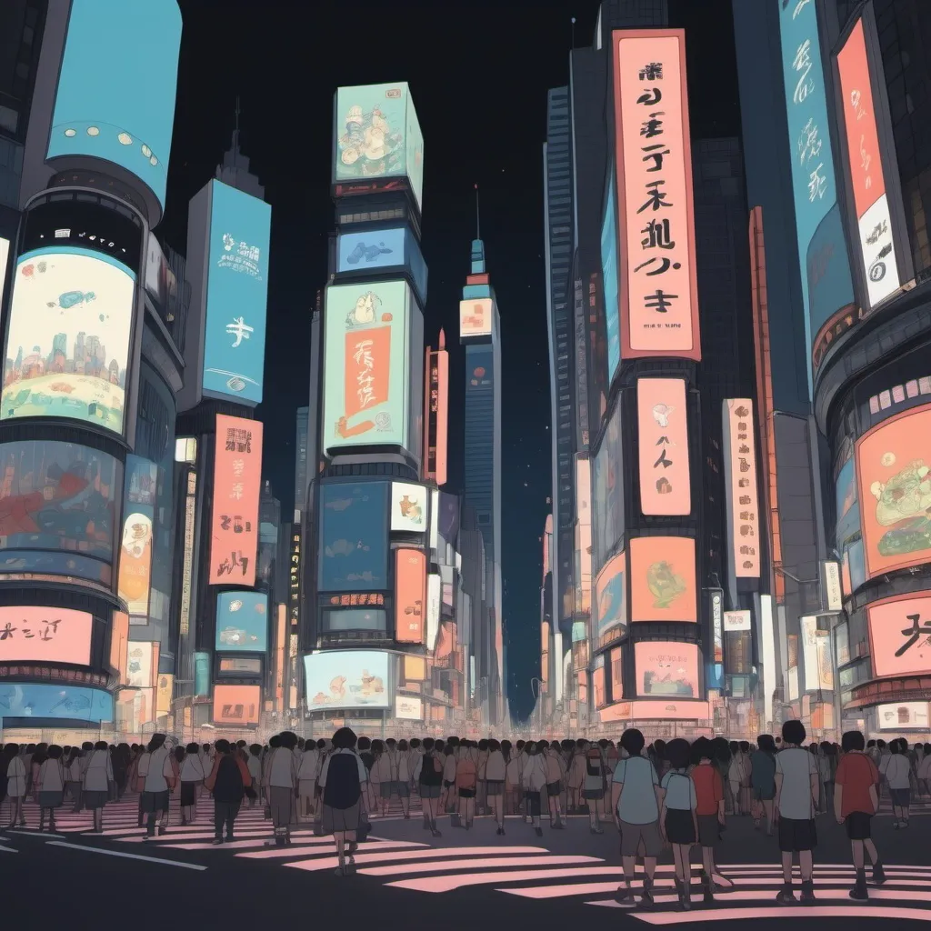 Prompt: Ghibli 2D anime style. Times Square at night.