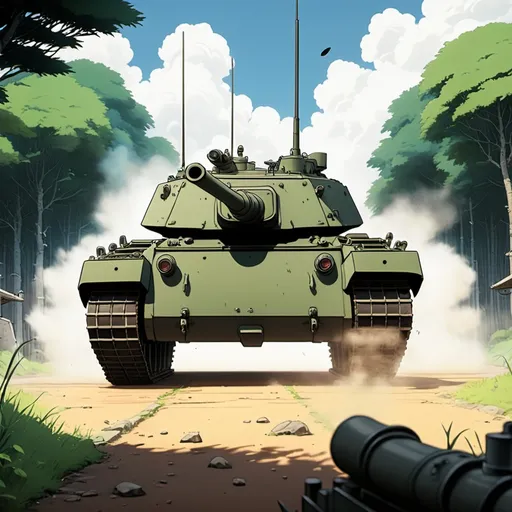 Prompt: Ghibli 2D anime style. A view from behind a tank that is shooting it's weapons.