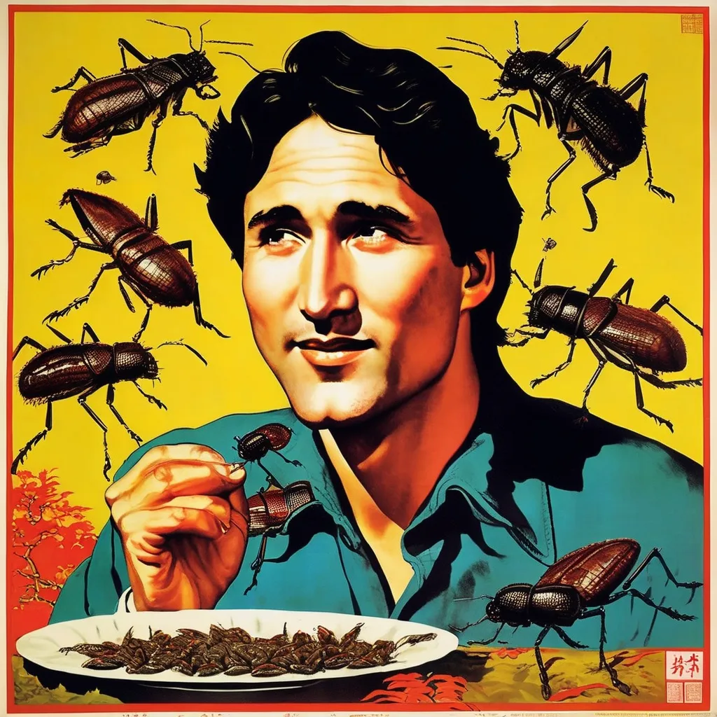 Prompt: Chinese propaganda poster from the cultural revolution, portrait of Justin Trudeau eating bugs.