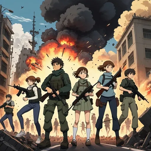 Prompt: Ghibli 2D anime style. A squad of men and women armed with assault rifles in a city as explosions go off around them.