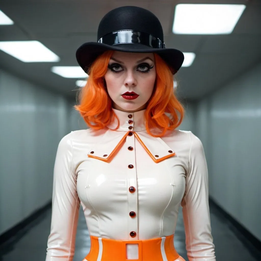 Prompt: Latex fashion in the style of Clockwork Orange. 