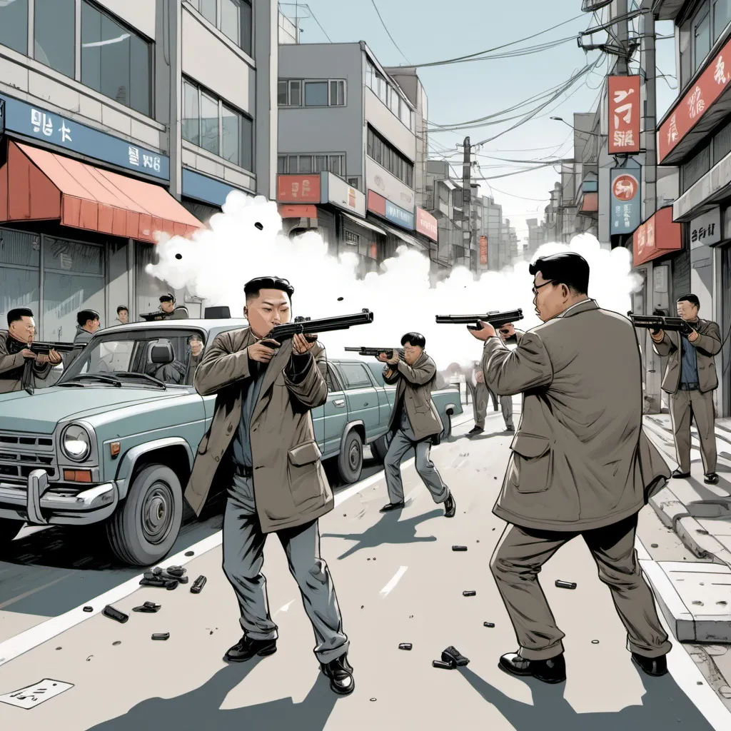 Prompt: Kim Jung Gi style illustration. people shooting guns in the street.