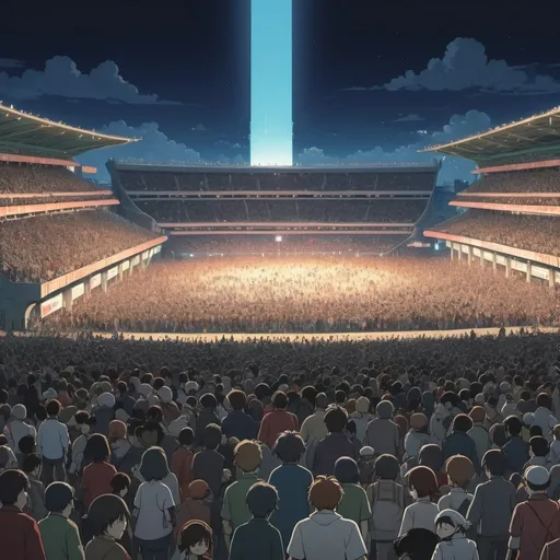 Prompt: Ghibli 2D anime style. A massive riot outside a stadium at night. 