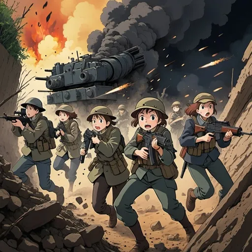 Prompt: Ghibli 2D anime style. A squad of men and women armed with assault rifles in a trench as explosions go off around them.