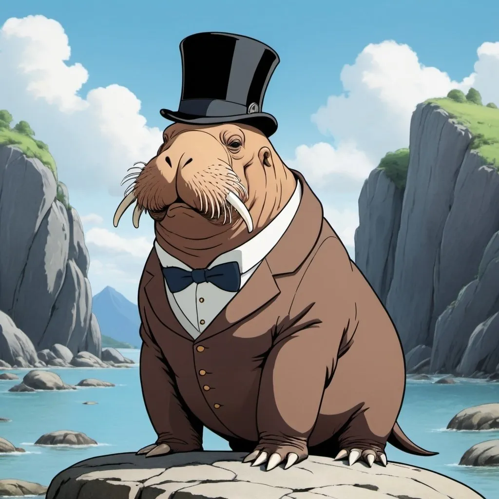 Prompt: Ghibli 2D anime style. A Walrus with tusks wearing a top hat and monocle. on top of a rock being dapper.