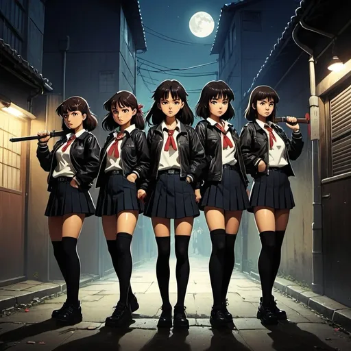 Prompt: Ghibli 2D anime style. A group of Japanese Sukeban. all wear identical attire including leather jacket and school uniform with over the knee socks. Armed with a variety of melee weapons. Nighttime in an alley.   