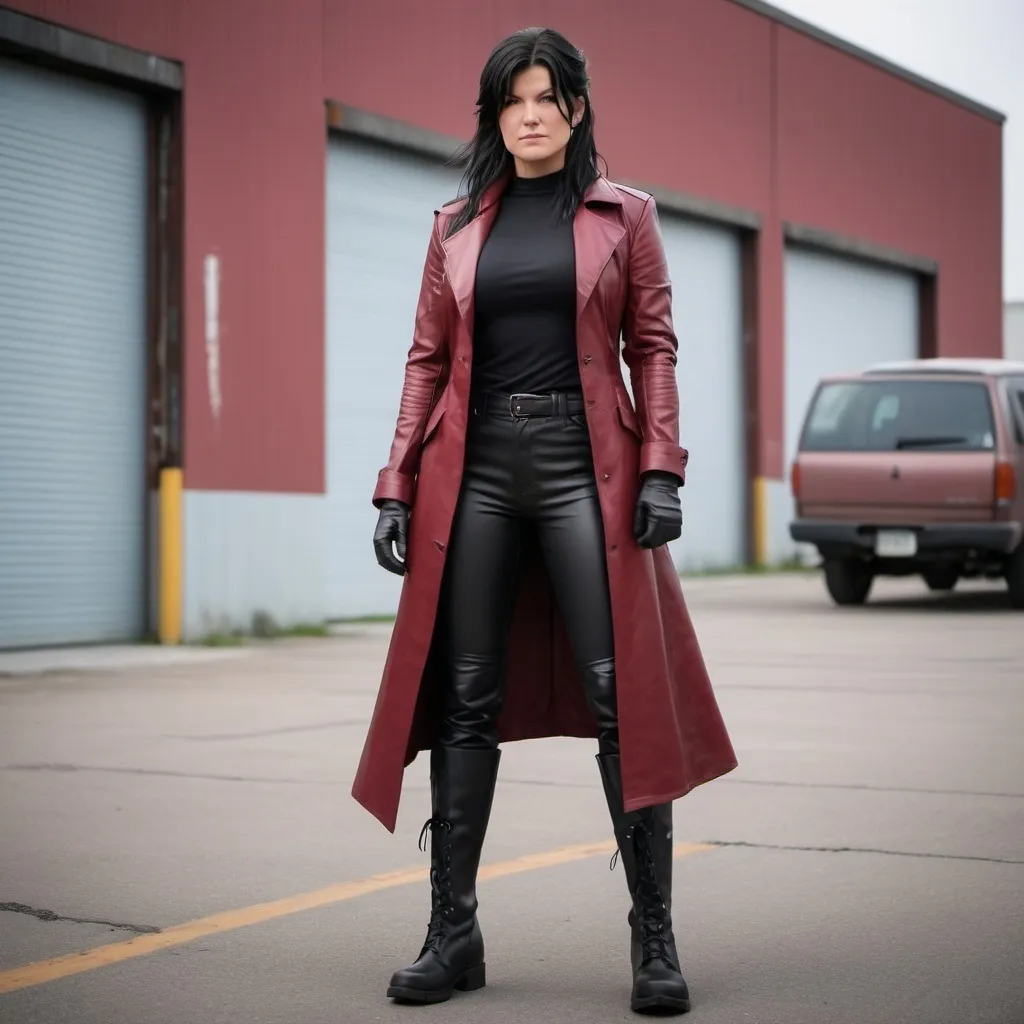 Prompt: 2d studio Ghibli anime style. Crimson leather long coat. Black leather shirt, pants. Gina Carano with long black hair with bangs. tall combat boots, gloves. Standing in a parking lot outside a modern warehouse building. 2d studio Ghibli anime style.