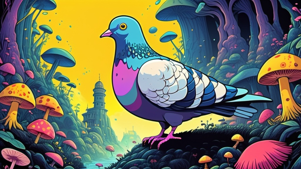 Prompt: Ghibli 2D anime style. A pigeon that is guiding you through an acid trip. psychedelic. magic mushrooms. yellow submarine.