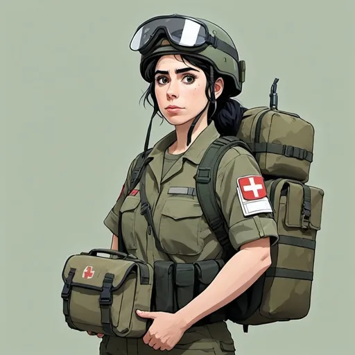 Prompt: Ghibli 2D anime style. Sarah Silverman as a combat medic wearing helmet, camo clothing and a medics bag. 
