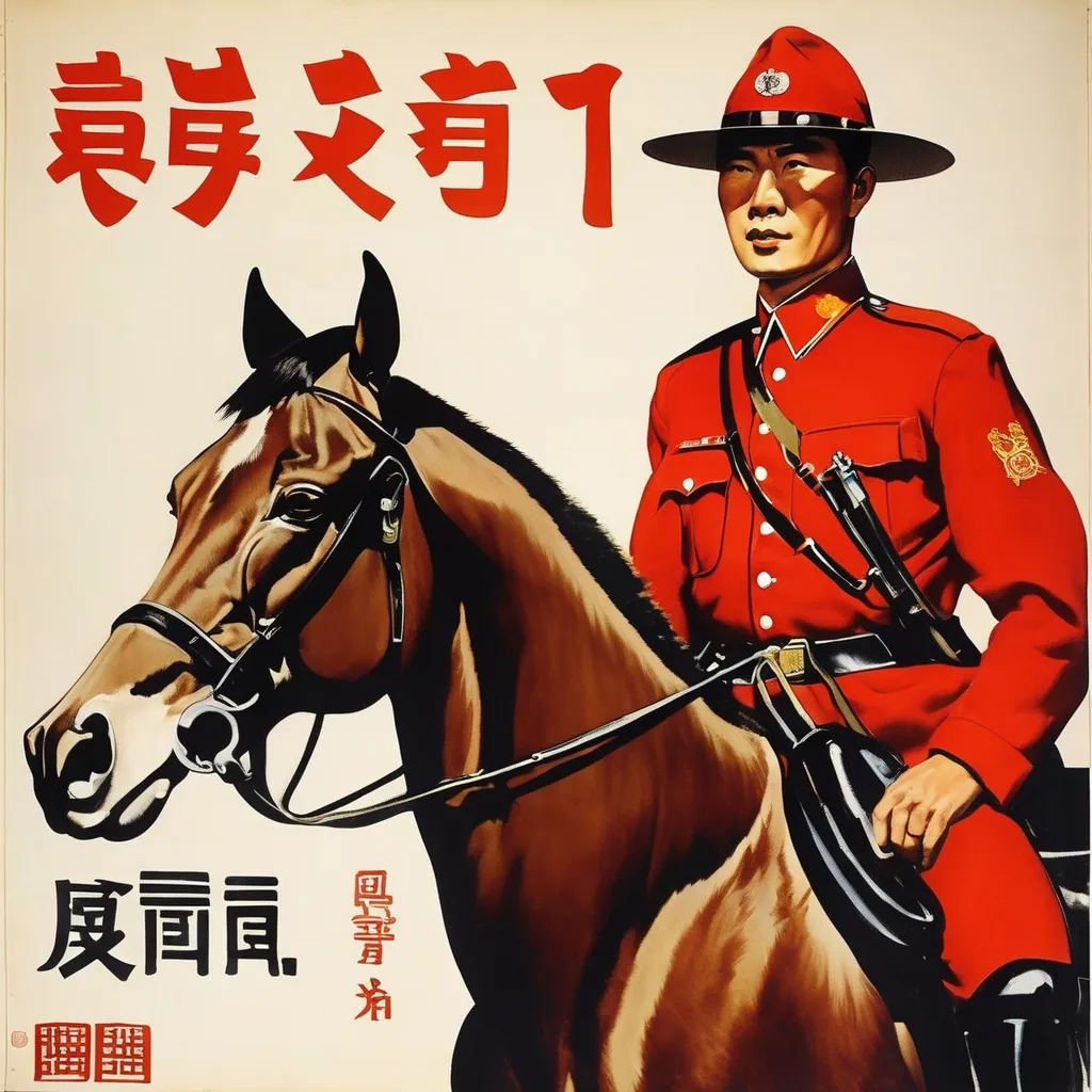 Prompt: Chinese propaganda poster from the cultural revolution, portrait of an Royal Canadian Mounted Police. 