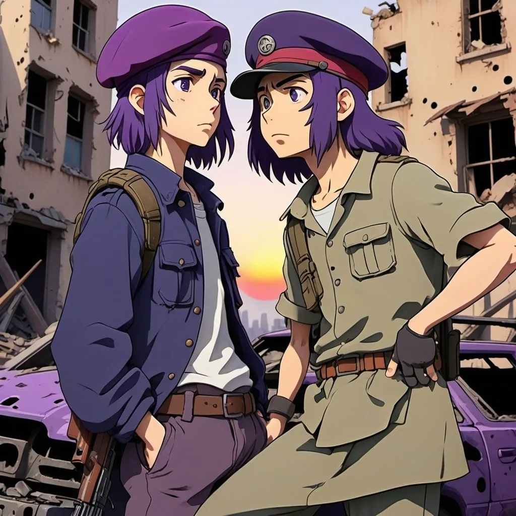 Prompt: Studio Ghibli 2D anime style.
A rebel militiaman wearing a royal purple beret and armed with an ak-47, stands on top of a wrecked car in a war torn city, watching the sun set.