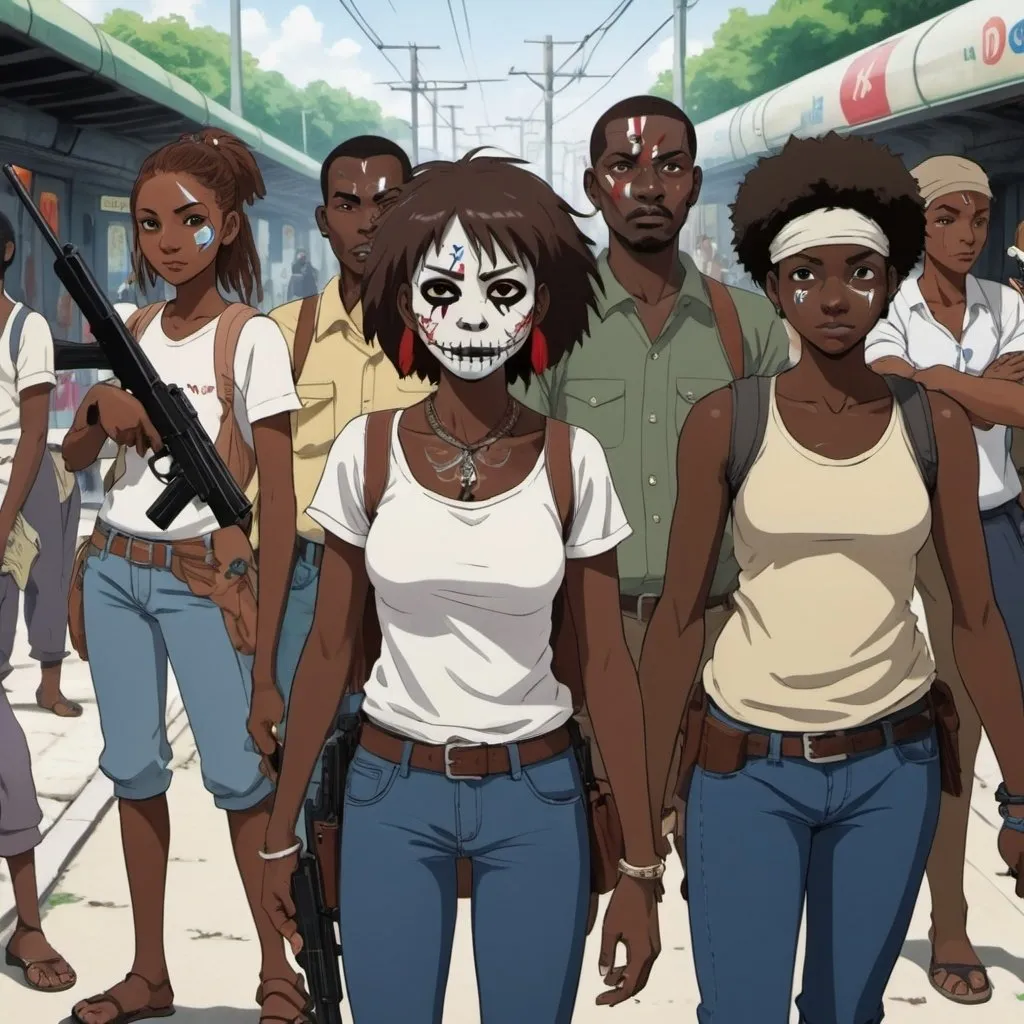 Prompt: Ghibli 2D anime style. A group of Haitian men and women. all wear voodoo face paint. Armed with a variety of firearms and machetes'. Daytime outside of a subway station. 