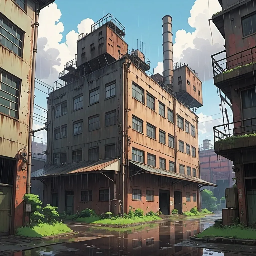 Prompt: Ghibli 2D anime style. A large dilapidated factory in an urban setting. Daytime raining weather.