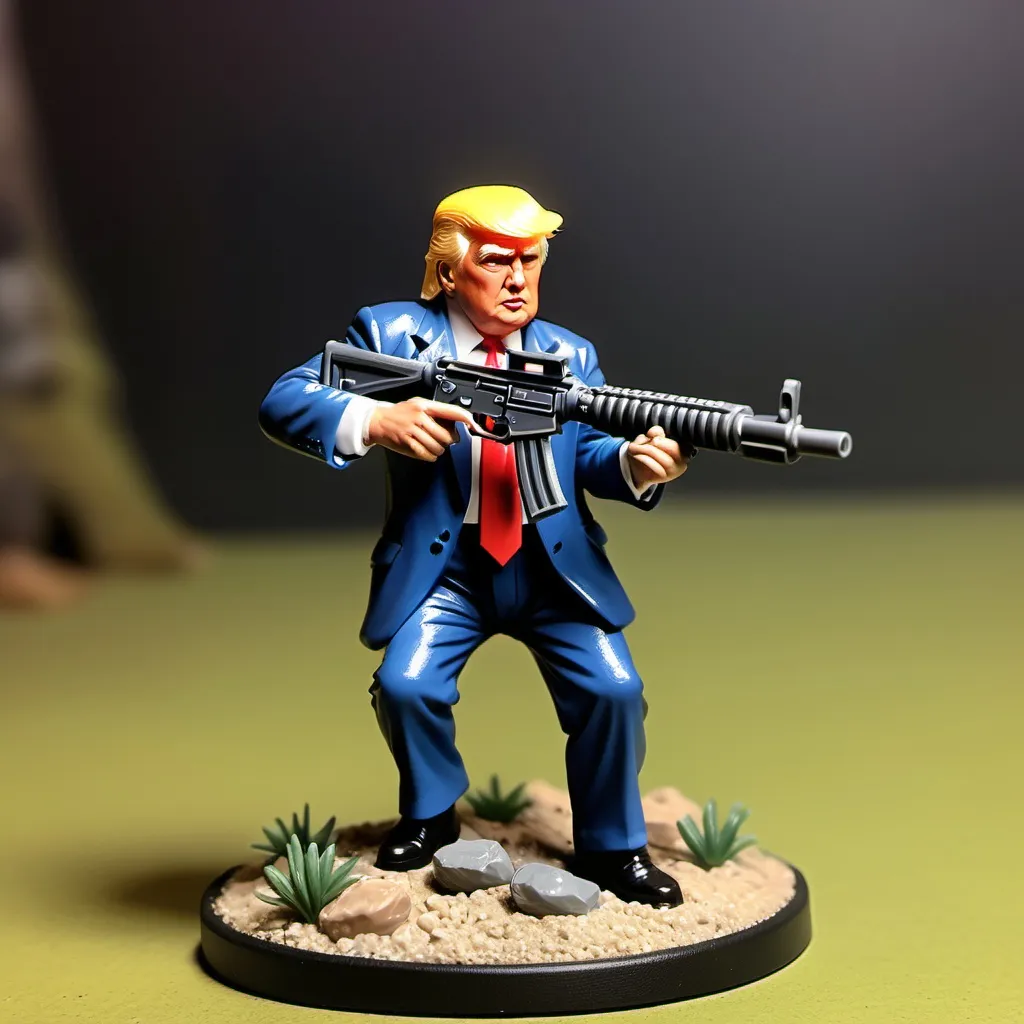 Prompt: Style 28mm table top gaming miniature. Donald Trump in Rambo garb, shooting a big machine gun.