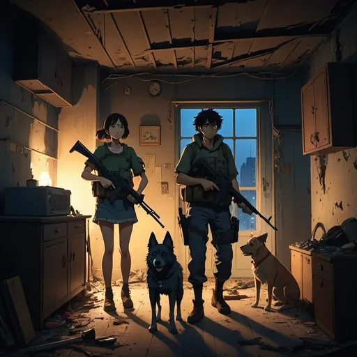 Prompt: Ghibli 2D anime style. A man, a woman  and a dog armed with assault rifles in a dilapidated apartment. Nighttime.